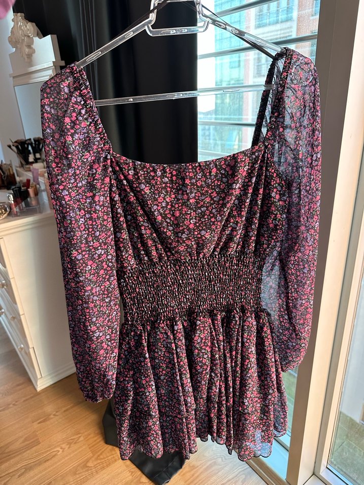 Çiçek Desenli Uzun Kollu Mini Elbise - Görsel 2