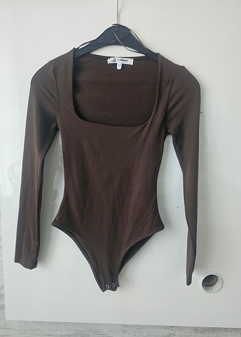 Kahverengi Uzun Kollu Kadın Bodysuit koton