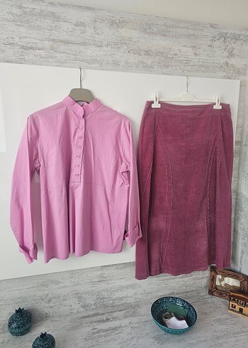 Pembe Keten Midi Etek ve Uzun Kollu Bluz - Görsel 12