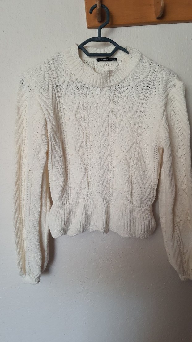 Bohem Tarzı Beyaz Örgü Kadın Kazak - Görsel 2