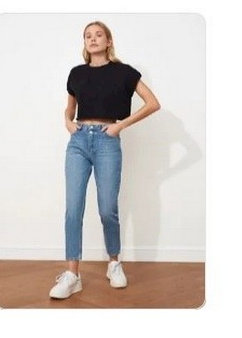 Düğmeli Mavi Midi Kot Pantolon - Görsel 4