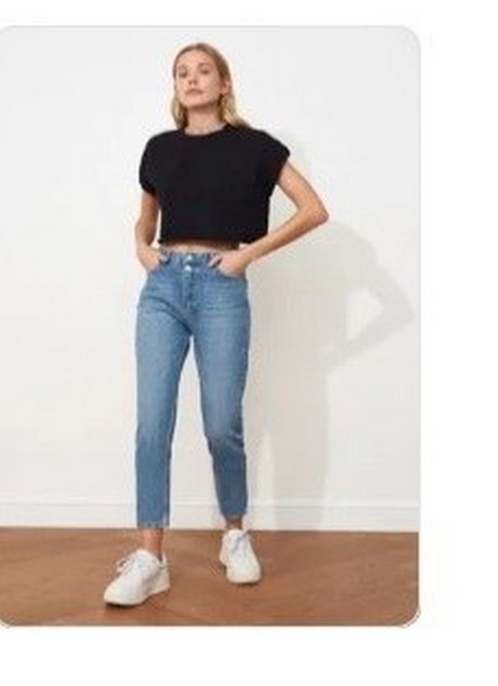 Düğmeli Mavi Midi Kot Pantolon - Görsel 4