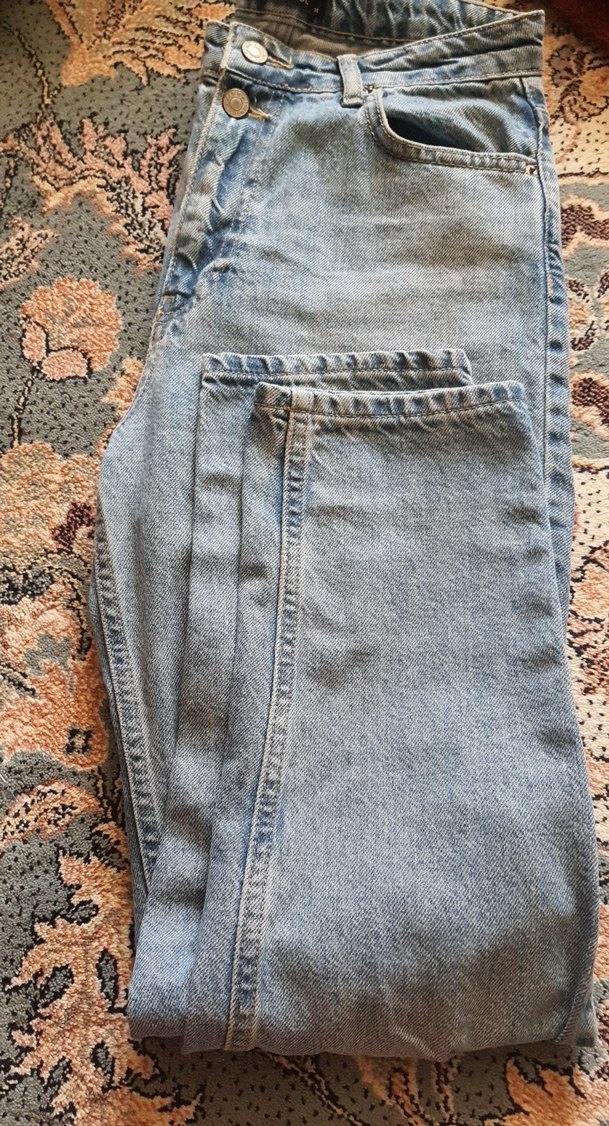 Düğmeli Mavi Midi Kot Pantolon - Görsel 3