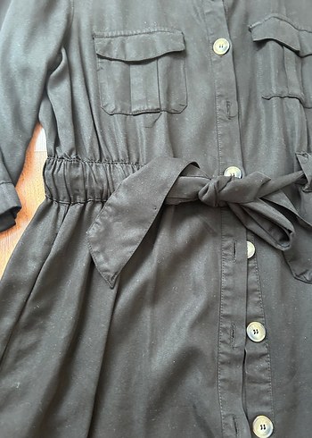 Düğmeli Siyah Uzun Keten Elbise - Görsel 3