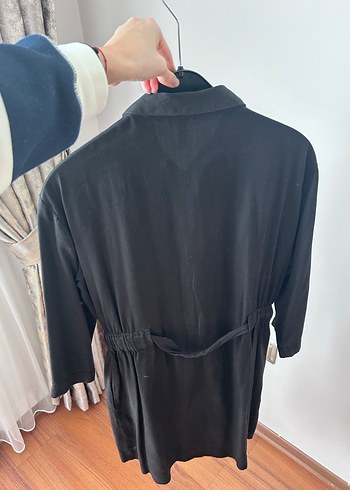 Düğmeli Siyah Uzun Keten Elbise - Görsel 5