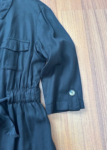 Düğmeli Siyah Uzun Keten Elbise - Görsel 6