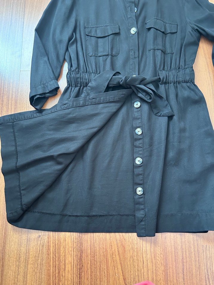 Düğmeli Siyah Uzun Keten Elbise - Görsel 4