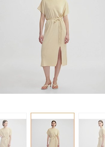 Bej V Yakalı Uzun Kadın Elbise - Görsel 4