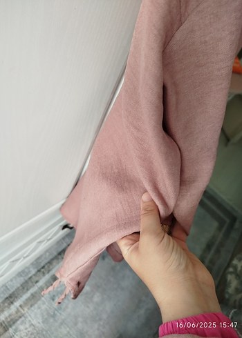 42 Beden Düğmeli Pembe Keten Kadın Gömleği