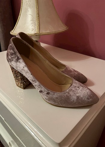 Pembe Süet Simli Kalın Topuklu Kadın Ayakkabı - Görsel 2