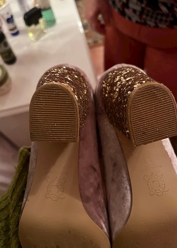 Pembe Süet Simli Kalın Topuklu Kadın Ayakkabı - Görsel 4