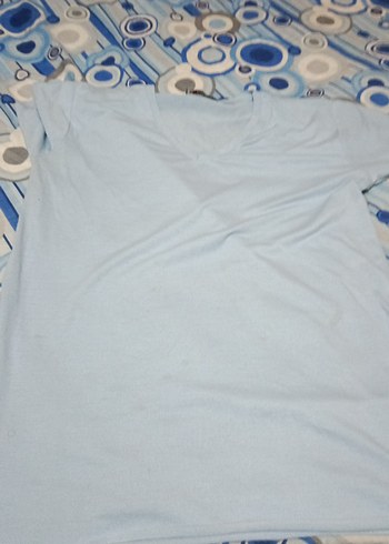 Mavi V Yaka Keten Hamile Tişörtü - Görsel 2