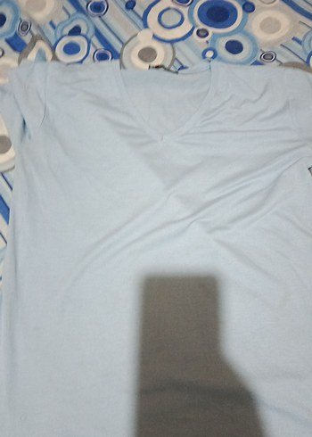 Mavi V Yaka Keten Hamile Tişörtü - Görsel 5