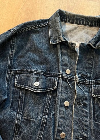 Düğmeli Koyu Mavi Kadın Denim Ceket - Görsel 2
