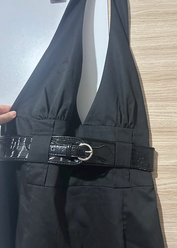 Siyah Midi Halter Yaka Kemerli Elbise - Görsel 4