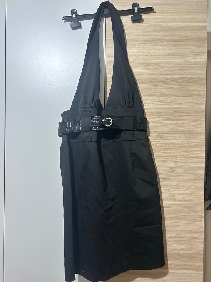 Siyah Midi Halter Yaka Kemerli Elbise - Görsel 2