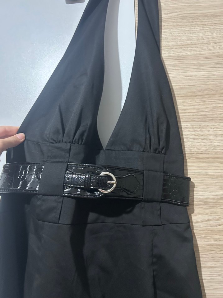 Siyah Midi Halter Yaka Kemerli Elbise - Görsel 4