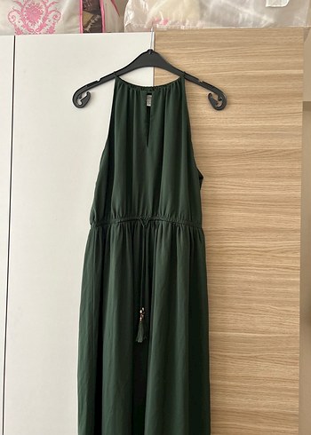Koyu Yeşil Bohem Uzun Kolsuz Elbise - Görsel 4