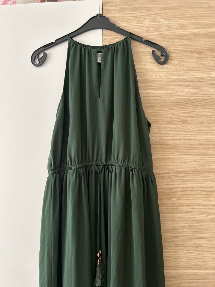 Koyu Yeşil Bohem Uzun Kolsuz Elbise - Görsel 3