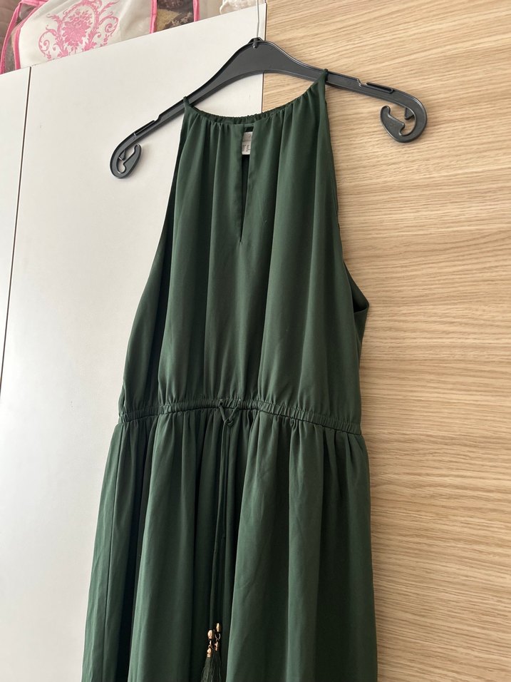 Koyu Yeşil Bohem Uzun Kolsuz Elbise - Görsel 5