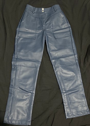 Düğmeli Mavi Deri Kadın havuç Pantolon - Görsel 2