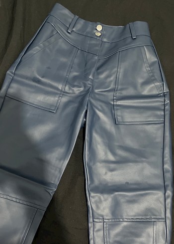 Düğmeli Mavi Deri Kadın havuç Pantolon - Görsel 4