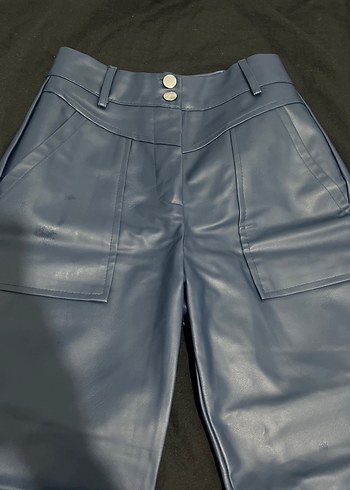 Düğmeli Mavi Deri Kadın havuç Pantolon - Görsel 3