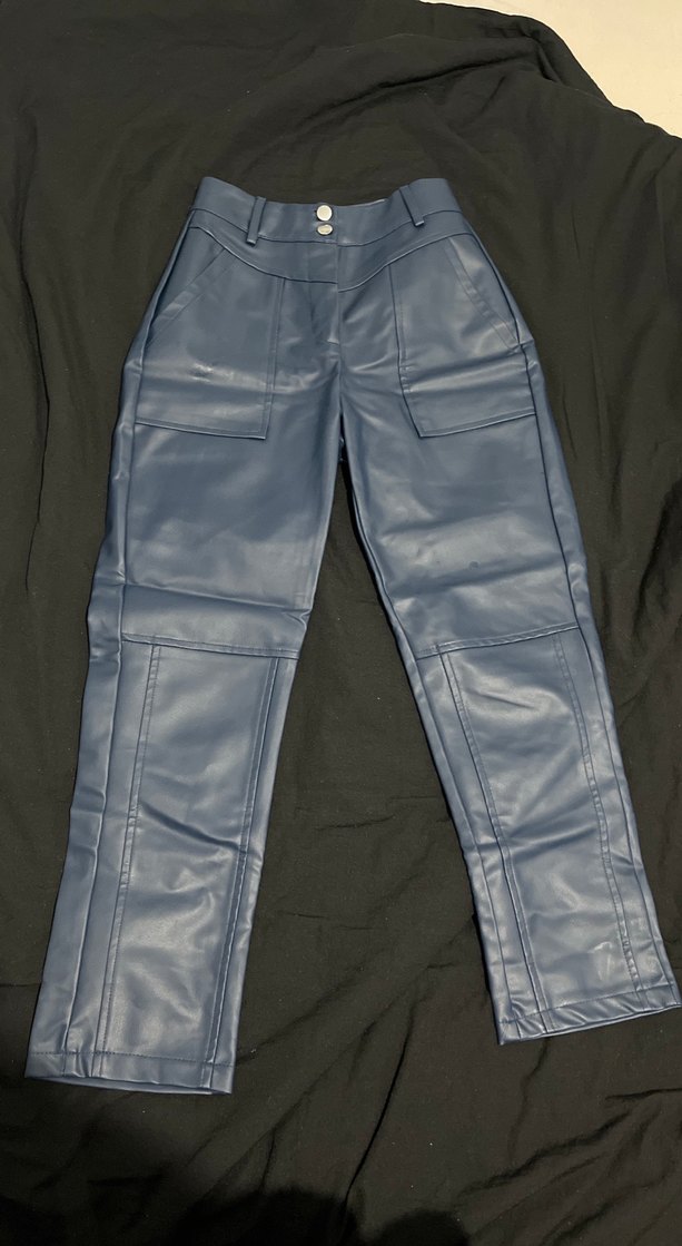 Düğmeli Mavi Deri Kadın havuç  Pantolon - Görsel 2