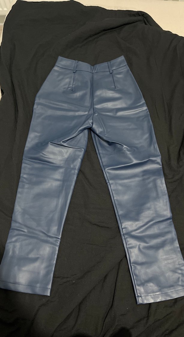 Düğmeli Mavi Deri Kadın havuç  Pantolon - Görsel 5