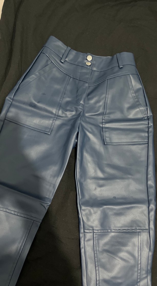 Düğmeli Mavi Deri Kadın havuç  Pantolon - Görsel 4