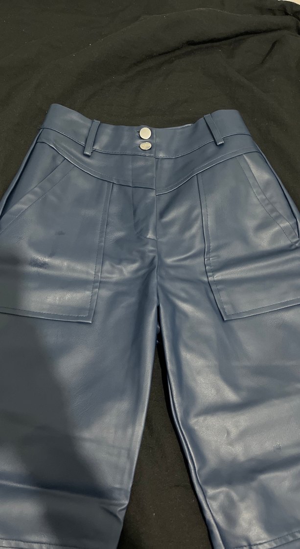 Düğmeli Mavi Deri Kadın havuç  Pantolon - Görsel 3