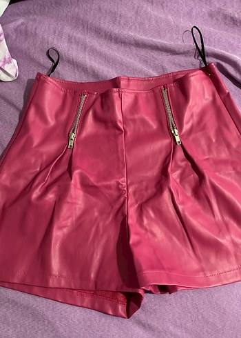 Kadın Pembe Mini Deri Şort - Görsel 2