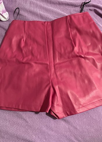Kadın Pembe Mini Deri Şort - Görsel 4