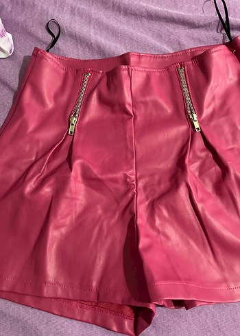 Kadın Pembe Mini Deri Şort - Görsel 3