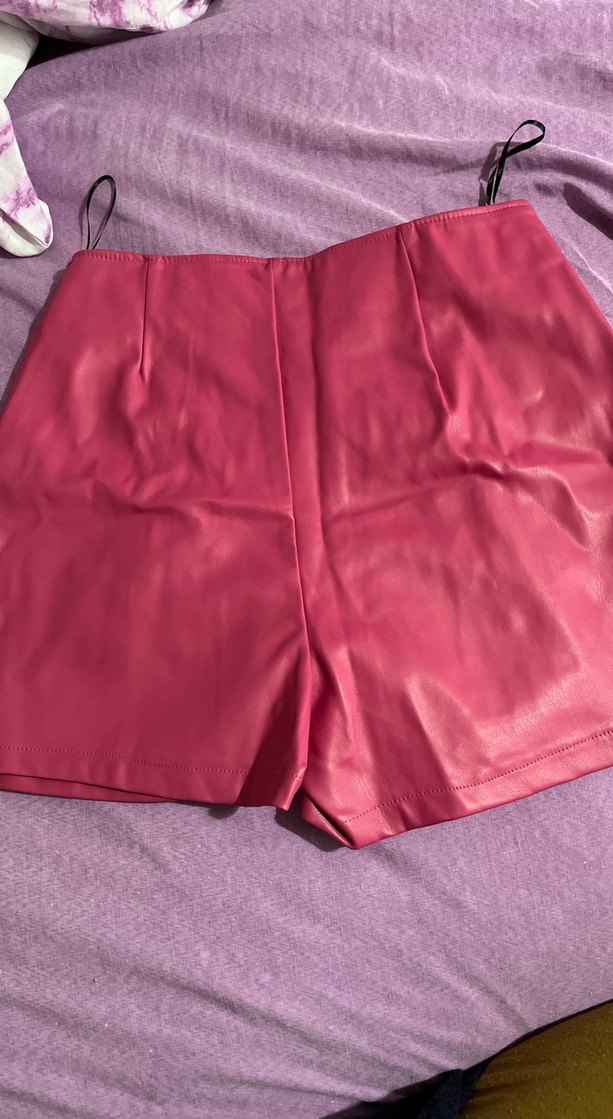 Kadın Pembe Mini Deri Şort - Görsel 4