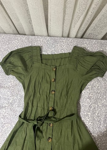 Düğmeli Midi Keten Elbise - Görsel 2