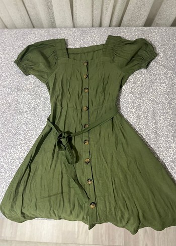 Düğmeli Midi Keten Elbise - Görsel 6