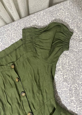 Düğmeli Midi Keten Elbise - Görsel 5