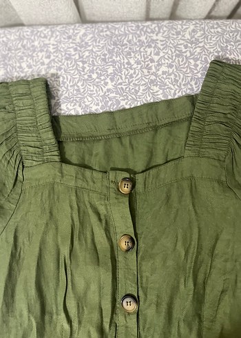 Düğmeli Midi Keten Elbise - Görsel 3