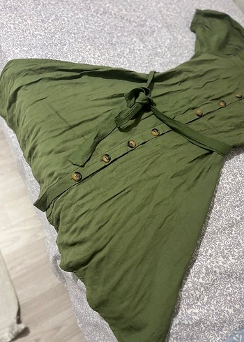 Düğmeli Midi Keten Elbise - Görsel 4