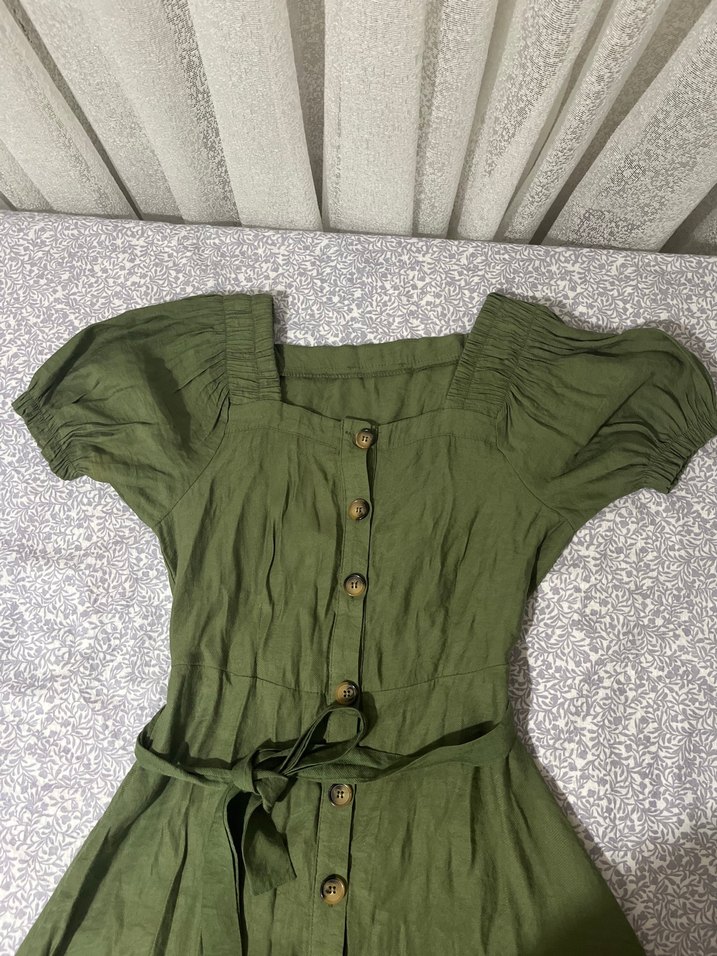 Düğmeli Midi Keten Elbise - Görsel 2