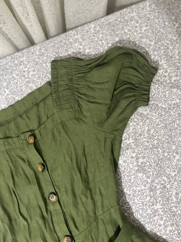 Düğmeli Midi Keten Elbise - Görsel 5