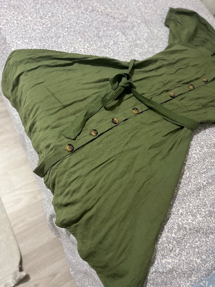 Düğmeli Midi Keten Elbise - Görsel 4