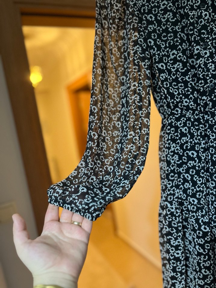 Düğmeli Siyah Midi Uzun Kollu tül elbise - Görsel 2