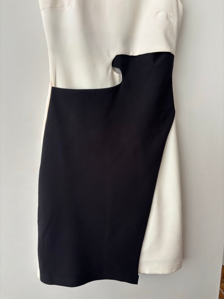 Kontrast Detaylı Siyah Beyaz Midi Elbise - Görsel 5