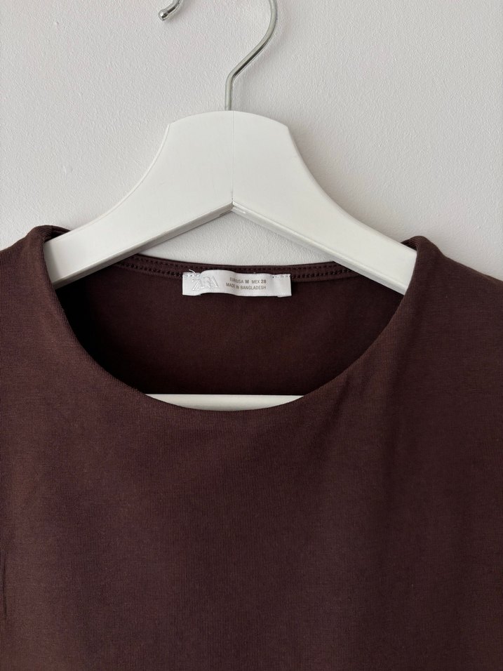 Zara Kahverengi Kolsuz Basic Kadın Bluz - Görsel 3