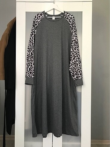 Leopar kollu gri uzun tunik