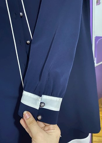 Uzun Kollu Lacivert Kadın Gömlek Tunik - Görsel 4
