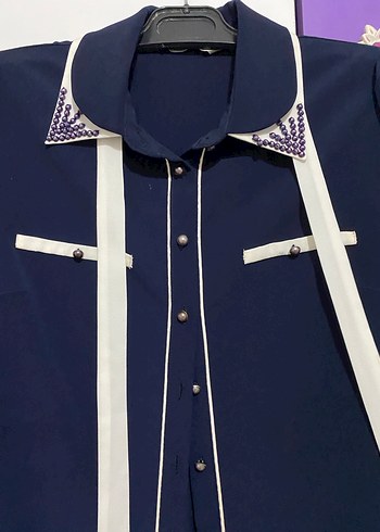 Uzun Kollu Lacivert Kadın Gömlek Tunik - Görsel 2