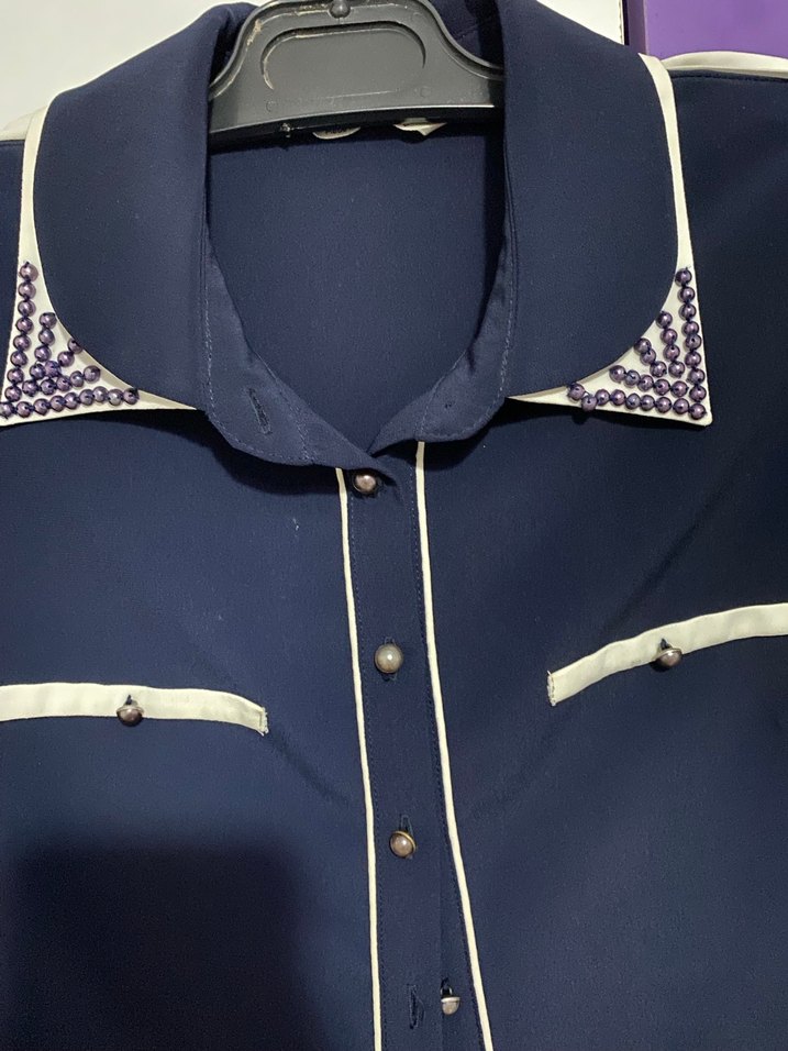 Uzun Kollu Lacivert Kadın Gömlek Tunik - Görsel 3